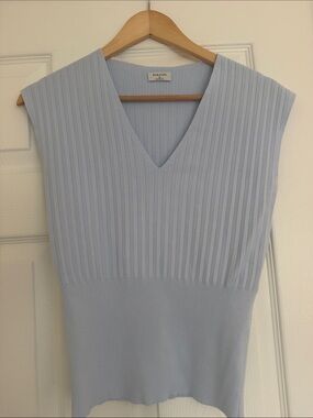 Babaton Pale Blue Ribbed V-Neck Knit Dress